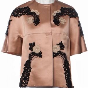 Dolce & Gabbana Short-Sleeve Jacket with Black & Cream Lace Appliqué